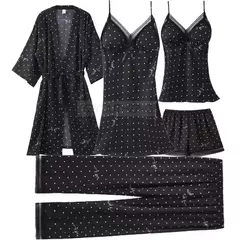 Conjunto de pijama mulheres rendas guarnição de cetim pijamas sleepwear derramar femme roupa de noite de verão com calças casual desgaste da casa quimono vestido de roupão pjs - Jouet