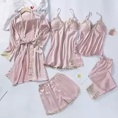 Lace Patchwork Sleepwear Camisola, Kimono Roupão Vestido, Satin Lady Nighty and Robe Suit, Sexy Casa Roupas, Robe de casamento branco, 5pcs - Jouet