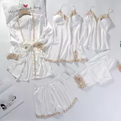 Lace Patchwork Sleepwear Camisola, Kimono Roupão Vestido, Satin Lady Nighty and Robe Suit, Sexy Casa Roupas, Robe de casamento branco, 5pcs na internet