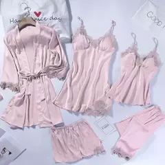 Lace Patchwork Sleepwear Camisola, Kimono Roupão Vestido, Satin Lady Nighty and Robe Suit, Sexy Casa Roupas, Robe de casamento branco, 5pcs