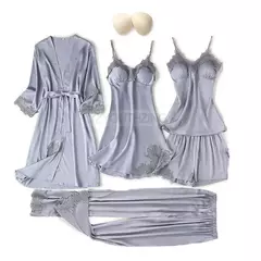 Conjunto de pijama mulheres rendas guarnição de cetim pijamas sleepwear derramar femme roupa de noite de verão com calças casual desgaste da casa quimono vestido de roupão pjs na internet