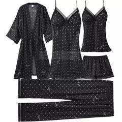 Imagem do Conjunto de pijama mulheres rendas guarnição de cetim pijamas sleepwear derramar femme roupa de noite de verão com calças casual desgaste da casa quimono vestido de roupão pjs