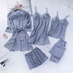 Imagem do Lace Patchwork Sleepwear Camisola, Kimono Roupão Vestido, Satin Lady Nighty and Robe Suit, Sexy Casa Roupas, Robe de casamento branco, 5pcs