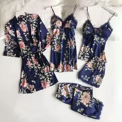 Imagem do Lace Patchwork Sleepwear Camisola, Kimono Roupão Vestido, Satin Lady Nighty and Robe Suit, Sexy Casa Roupas, Robe de casamento branco, 5pcs