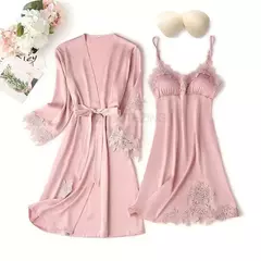 Conjunto de pijama mulheres rendas guarnição de cetim pijamas sleepwear derramar femme roupa de noite de verão com calças casual desgaste da casa quimono vestido de roupão pjs - comprar online