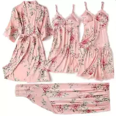 Conjunto de pijama mulheres rendas guarnição de cetim pijamas sleepwear derramar femme roupa de noite de verão com calças casual desgaste da casa quimono vestido de roupão pjs