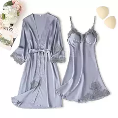 Imagem do Conjunto de pijama mulheres rendas guarnição de cetim pijamas sleepwear derramar femme roupa de noite de verão com calças casual desgaste da casa quimono vestido de roupão pjs