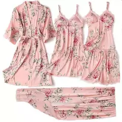 Imagem do Conjunto de pijama mulheres rendas guarnição de cetim pijamas sleepwear derramar femme roupa de noite de verão com calças casual desgaste da casa quimono vestido de roupão pjs