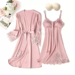 Conjunto de pijama mulheres rendas guarnição de cetim pijamas sleepwear derramar femme roupa de noite de verão com calças casual desgaste da casa quimono vestido de roupão pjs