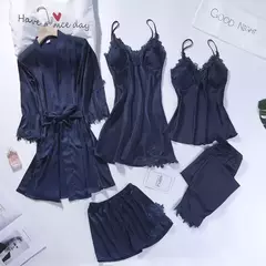 Lace Patchwork Sleepwear Camisola, Kimono Roupão Vestido, Satin Lady Nighty and Robe Suit, Sexy Casa Roupas, Robe de casamento branco, 5pcs - comprar online