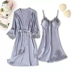 Imagem do Conjunto de pijama mulheres rendas guarnição de cetim pijamas sleepwear derramar femme roupa de noite de verão com calças casual desgaste da casa quimono vestido de roupão pjs