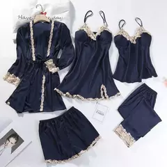 Lace Patchwork Sleepwear Camisola, Kimono Roupão Vestido, Satin Lady Nighty and Robe Suit, Sexy Casa Roupas, Robe de casamento branco, 5pcs na internet