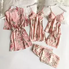 Lace Patchwork Sleepwear Camisola, Kimono Roupão Vestido, Satin Lady Nighty and Robe Suit, Sexy Casa Roupas, Robe de casamento branco, 5pcs - comprar online