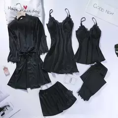 Lace Patchwork Sleepwear Camisola, Kimono Roupão Vestido, Satin Lady Nighty and Robe Suit, Sexy Casa Roupas, Robe de casamento branco, 5pcs