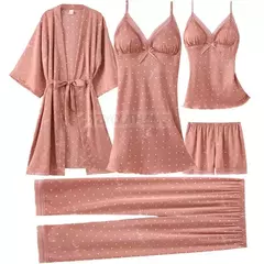 Conjunto de pijama mulheres rendas guarnição de cetim pijamas sleepwear derramar femme roupa de noite de verão com calças casual desgaste da casa quimono vestido de roupão pjs - comprar online