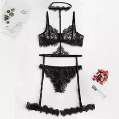 conjunto de renda lingerie conjunto com gargantilha-preto na internet