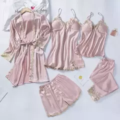 Lace Patchwork Sleepwear Camisola, Kimono Roupão Vestido, Satin Lady Nighty and Robe Suit, Sexy Casa Roupas, Robe de casamento branco, 5pcs