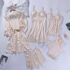 Imagem do Lace Patchwork Sleepwear Camisola, Kimono Roupão Vestido, Satin Lady Nighty and Robe Suit, Sexy Casa Roupas, Robe de casamento branco, 5pcs