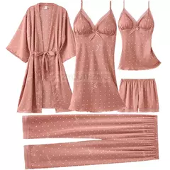 Conjunto de pijama mulheres rendas guarnição de cetim pijamas sleepwear derramar femme roupa de noite de verão com calças casual desgaste da casa quimono vestido de roupão pjs na internet