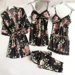 Lace Patchwork Sleepwear Camisola, Kimono Roupão Vestido, Satin Lady Nighty and Robe Suit, Sexy Casa Roupas, Robe de casamento branco, 5pcs - loja online