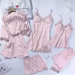 Lace Patchwork Sleepwear Camisola, Kimono Roupão Vestido, Satin Lady Nighty and Robe Suit, Sexy Casa Roupas, Robe de casamento branco, 5pcs - Jouet