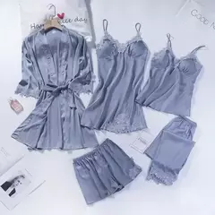 Lace Patchwork Sleepwear Camisola, Kimono Roupão Vestido, Satin Lady Nighty and Robe Suit, Sexy Casa Roupas, Robe de casamento branco, 5pcs - loja online