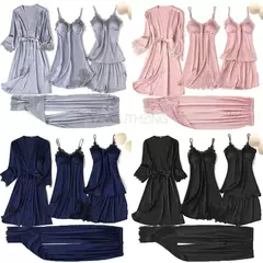 Conjunto de pijama mulheres rendas guarnição de cetim pijamas sleepwear derramar femme roupa de noite de verão com calças casual desgaste da casa quimono vestido de roupão pjs - Jouet