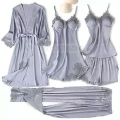 Conjunto de pijama mulheres rendas guarnição de cetim pijamas sleepwear derramar femme roupa de noite de verão com calças casual desgaste da casa quimono vestido de roupão pjs - loja online