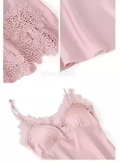 Conjunto de pijama mulheres rendas guarnição de cetim pijamas sleepwear derramar femme roupa de noite de verão com calças casual desgaste da casa quimono vestido de roupão pjs na internet