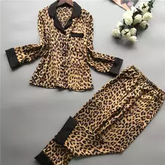 Conjunto de pijama tipo seda gelo feminino manga comprida, estampa animal print