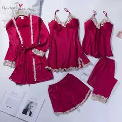 Lace Patchwork Sleepwear Camisola, Kimono Roupão Vestido, Satin Lady Nighty and Robe Suit, Sexy Casa Roupas, Robe de casamento branco, 5pcs na internet