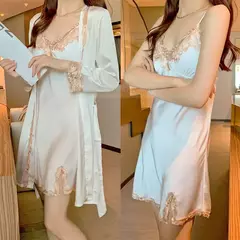 Imagem do Lace Patchwork Sleepwear Camisola, Kimono Roupão Vestido, Satin Lady Nighty and Robe Suit, Sexy Casa Roupas, Robe de casamento branco, 5pcs