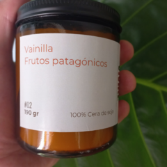 Vela de soja #02 con fragancia a Vainilla y Frutos patagónicos, en envase de vidrio.