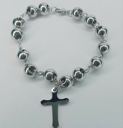 pulsera de bolitas con dije cruz acero quirurgico