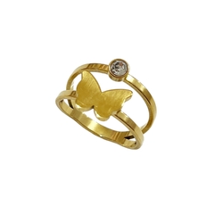 Anillo mariposa y strass caja x36 acero dorado