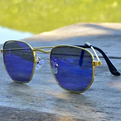 OCULOS HEXAGONAL METAL - DOURADO ESPELHADO AZUL