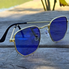 OCULOS HEXAGONAL METAL - DOURADO ESPELHADO AZUL na internet