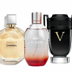 PROMO 129 KIT PERFUMES (LACOSTE RED 120 ML + CHANCE CHANEL 100 ML + INVICTUS VICTORY 100 ML)PERFUMES PARA CABALLERO Y DAMA