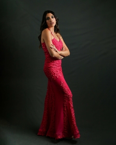 Vestido Sirena Amparo Fucsia y Verde Ingles