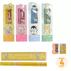 Paquete de 4 Kits Escolares de 5 Piezas Diseño de Animalitos Kawaii