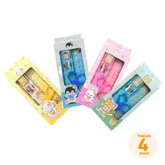 Paquete de 4 Kits Escolares de 5 Piezas Diseño de Animalitos Kawaii