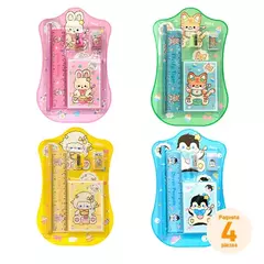 Paquete de 4 Kits Escolares de 5 Piezas Diseño de Animalitos Kawaii