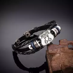 Pulseira masculina de couro multicamadas, Vintage US Route 66 - GTM Custom