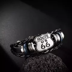 Pulseira masculina de couro multicamadas, Vintage US Route 66