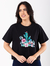 Blusa Semi Cropped Cactus Floral Meia Malha Preta