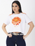 Blusa Semi Cropped Girassol Laranja Meia Malha Branca