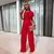 Short Sleeve Jumpsuit Formal Occasion Jumpsuit Elegant Women's Wide Leg Jumpsuit with Belted Waist Pleated Collar for Formal - MenPer Store