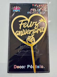 Topo de Bolo Feliz Aniversário Dourado 10.4 X 16.5 cm