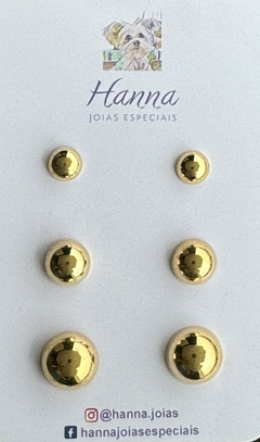 Trio de Brincos Meia Esfera Banhado a Ouro 18k