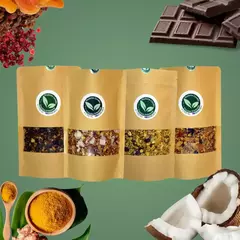 Kit de apresentação com quatro pacotes de granola de 150g nos sabores cacau e avelã, coco e castanhas, cúrcuma e amêndoas e fruits & nuts.